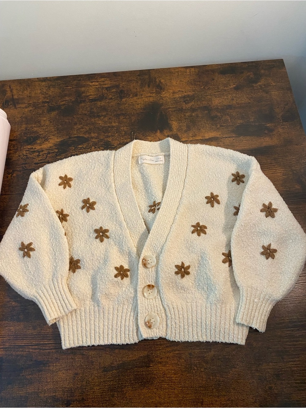 Rylee + Cru Cream Textured Cardigan with Brown Floral Appliqué